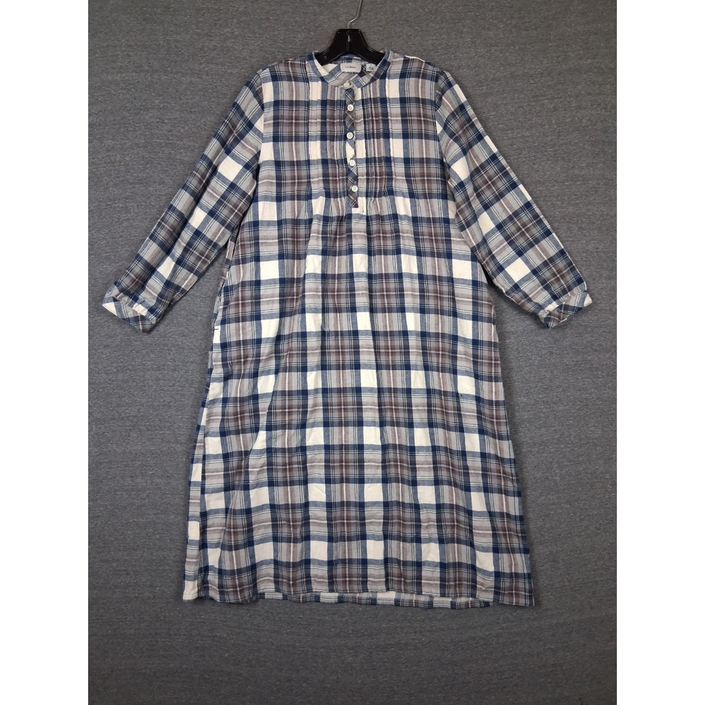 LL Bean Womens Nightgown Small Petite Blue Scotch Plaid Dobby Popover Cabincore